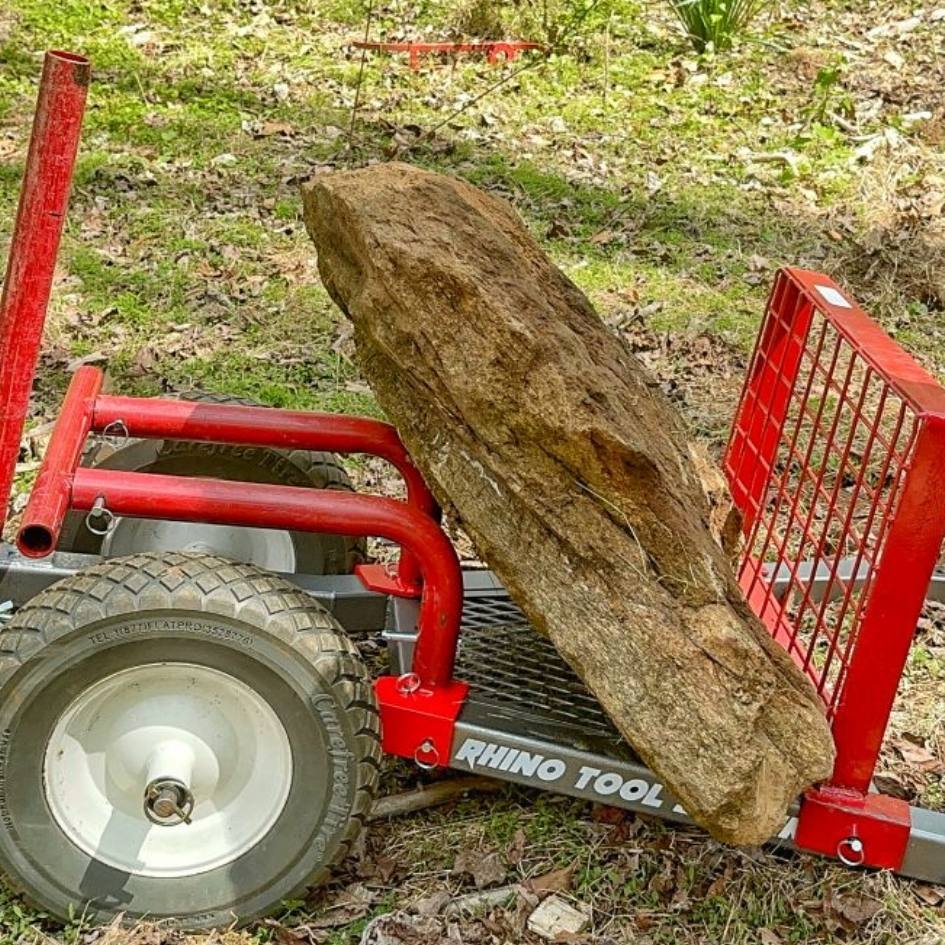 Rhino Tool Systems garden cart Rock Hauler configuration carrying heavy stone with optional back mesh accessory