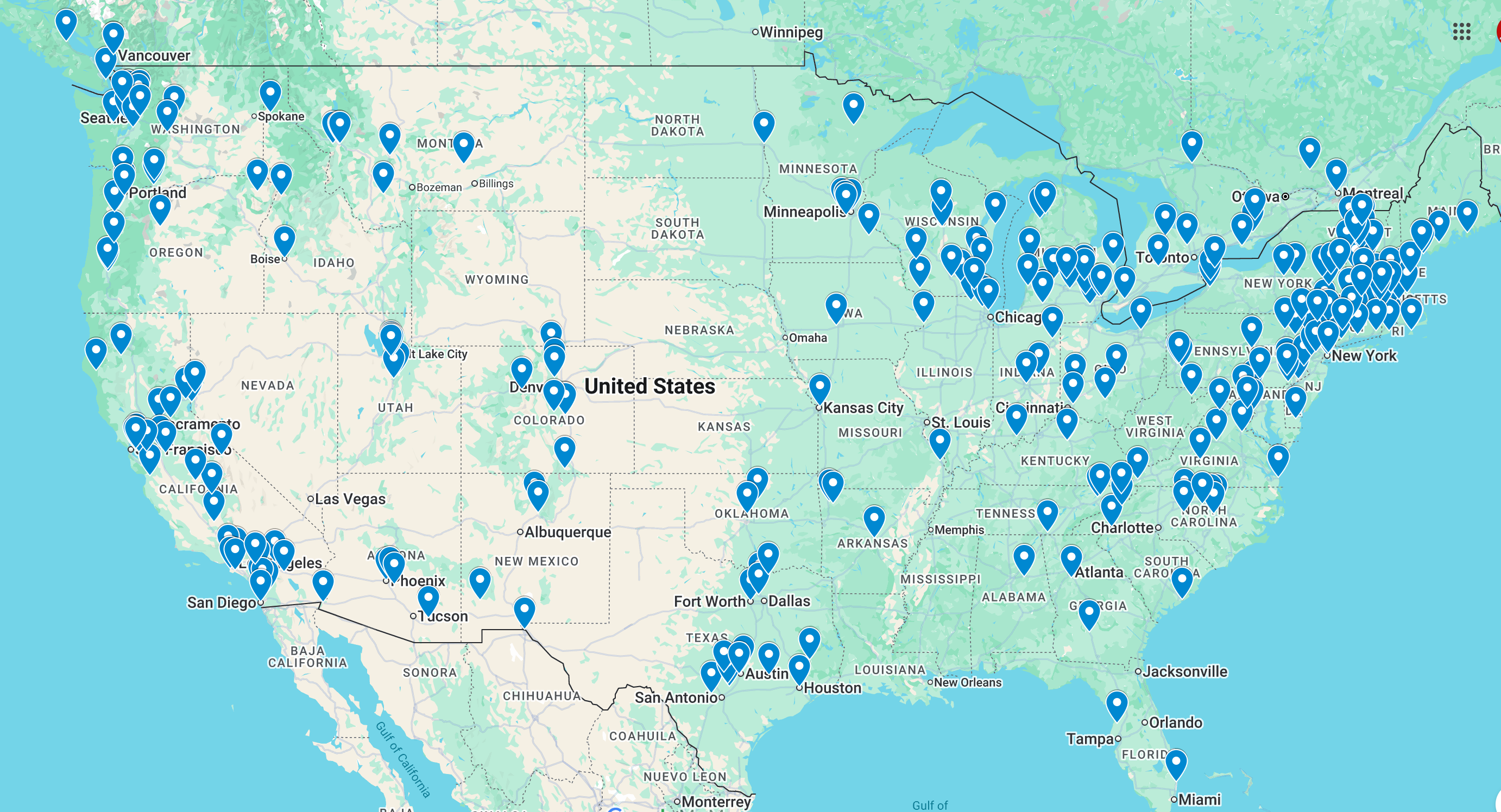 A USA map showing every sale location of the Rhino Tool Systems Rock Hauler